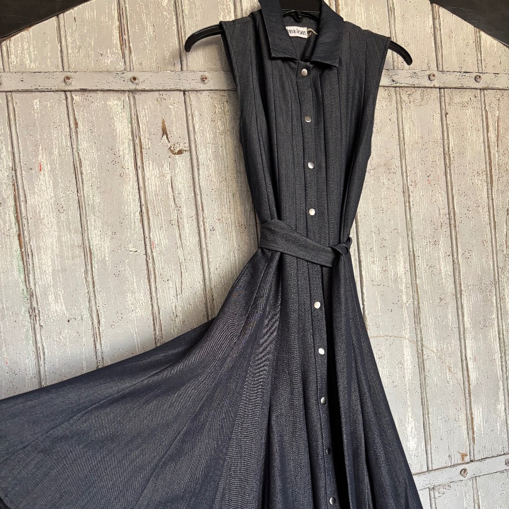 Marvin Richards Indigo Denim Sleeveless Pleated Belted Midi Dress